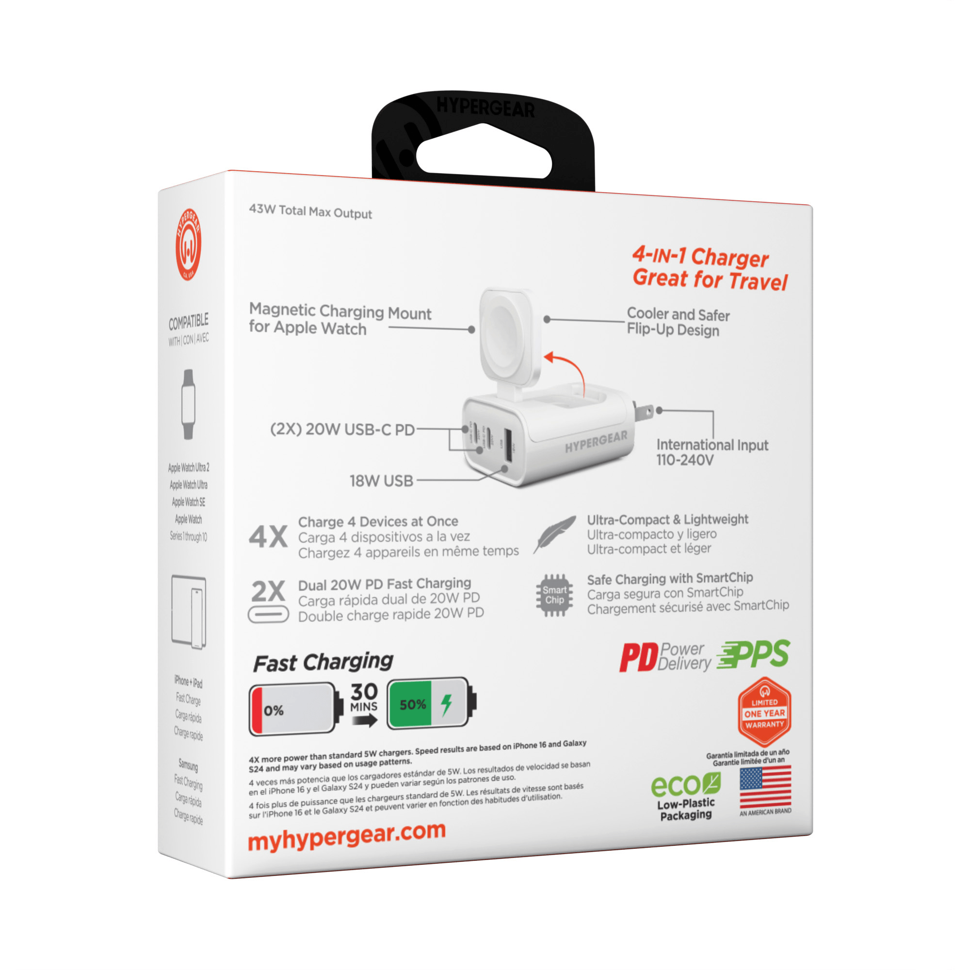HyperGear SpeedBoost 43W 3-Port Fast Phone and Watch Wall Charger