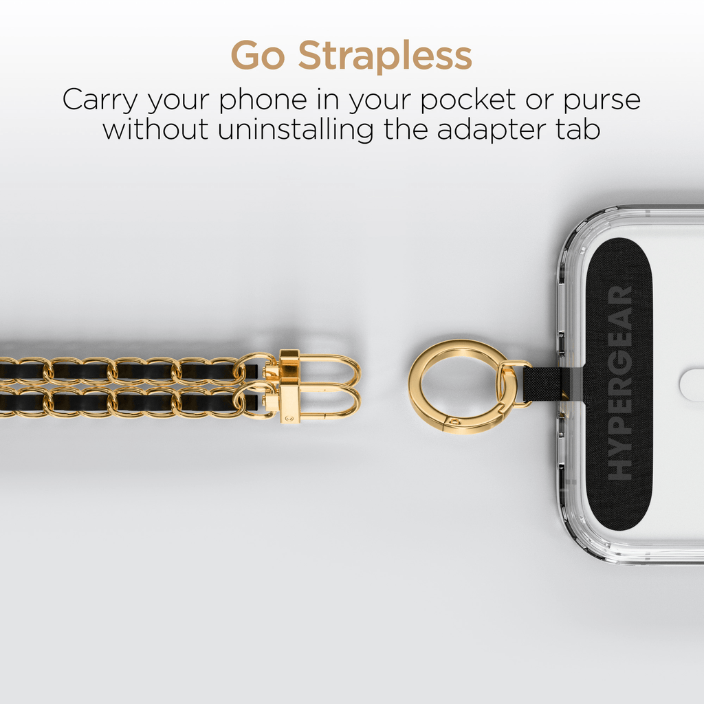 HyperGear TECHcessories Gold Chain with Black Vegan Leather Universal Crossbody Phone Strap