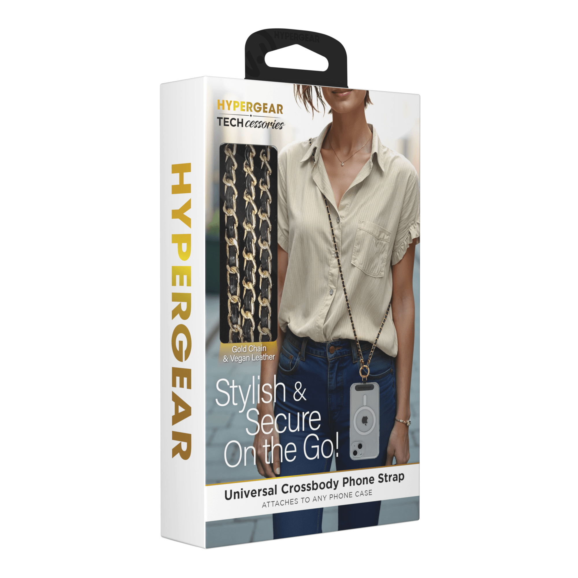 HyperGear TECHcessories Gold Chain with Black Vegan Leather Universal Crossbody Phone Strap