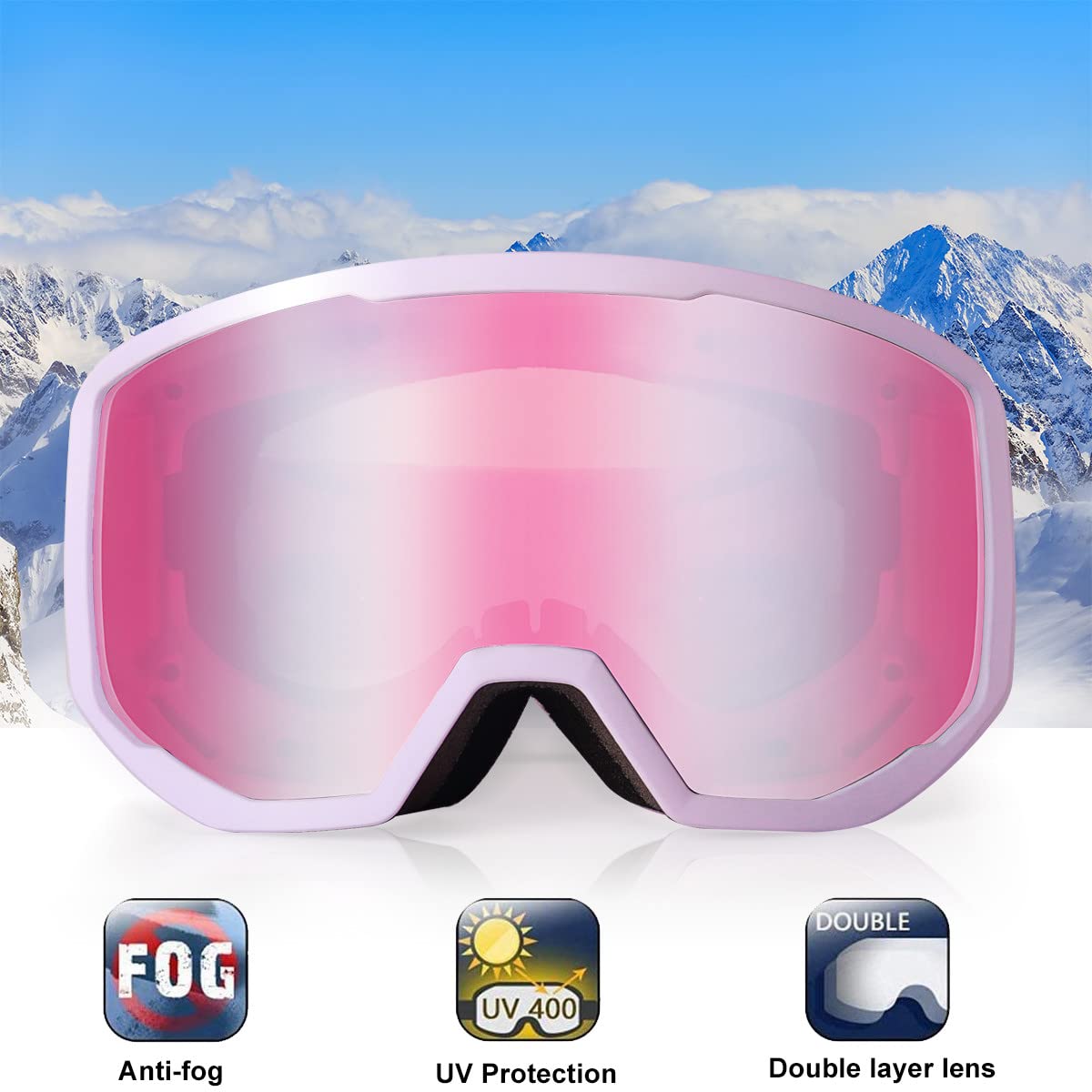 EXP VISION Ski/Snowboard Goggles for Men Women, OTG Snow Goggles Anti Fog UV Protection