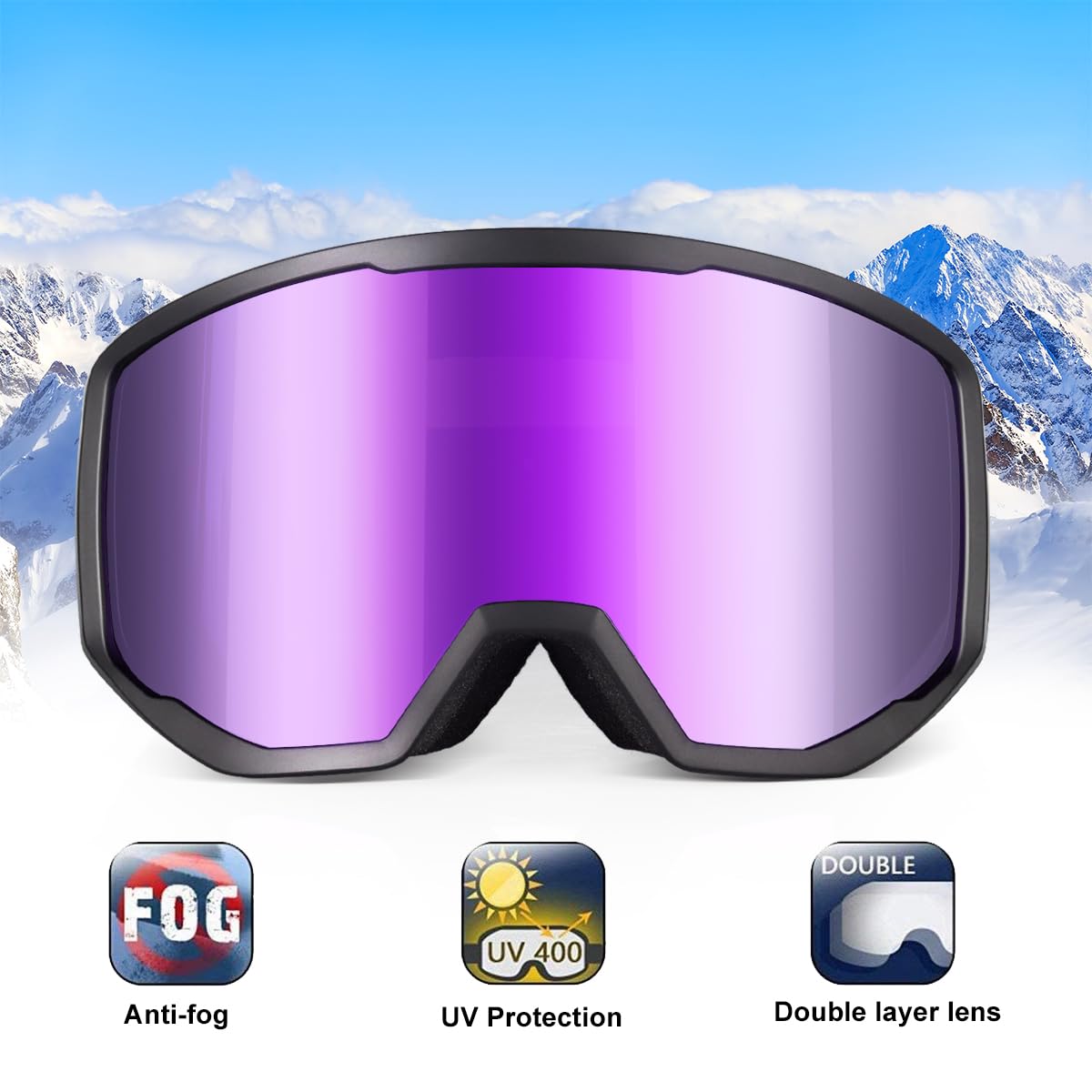 EXP VISION Ski/Snowboard Goggles for Men Women, OTG Snow Goggles Anti Fog UV Protection