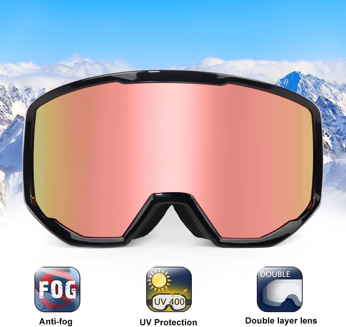 EXP VISION Ski/Snowboard Goggles for Men Women, OTG Snow Goggles Anti Fog UV Protection
