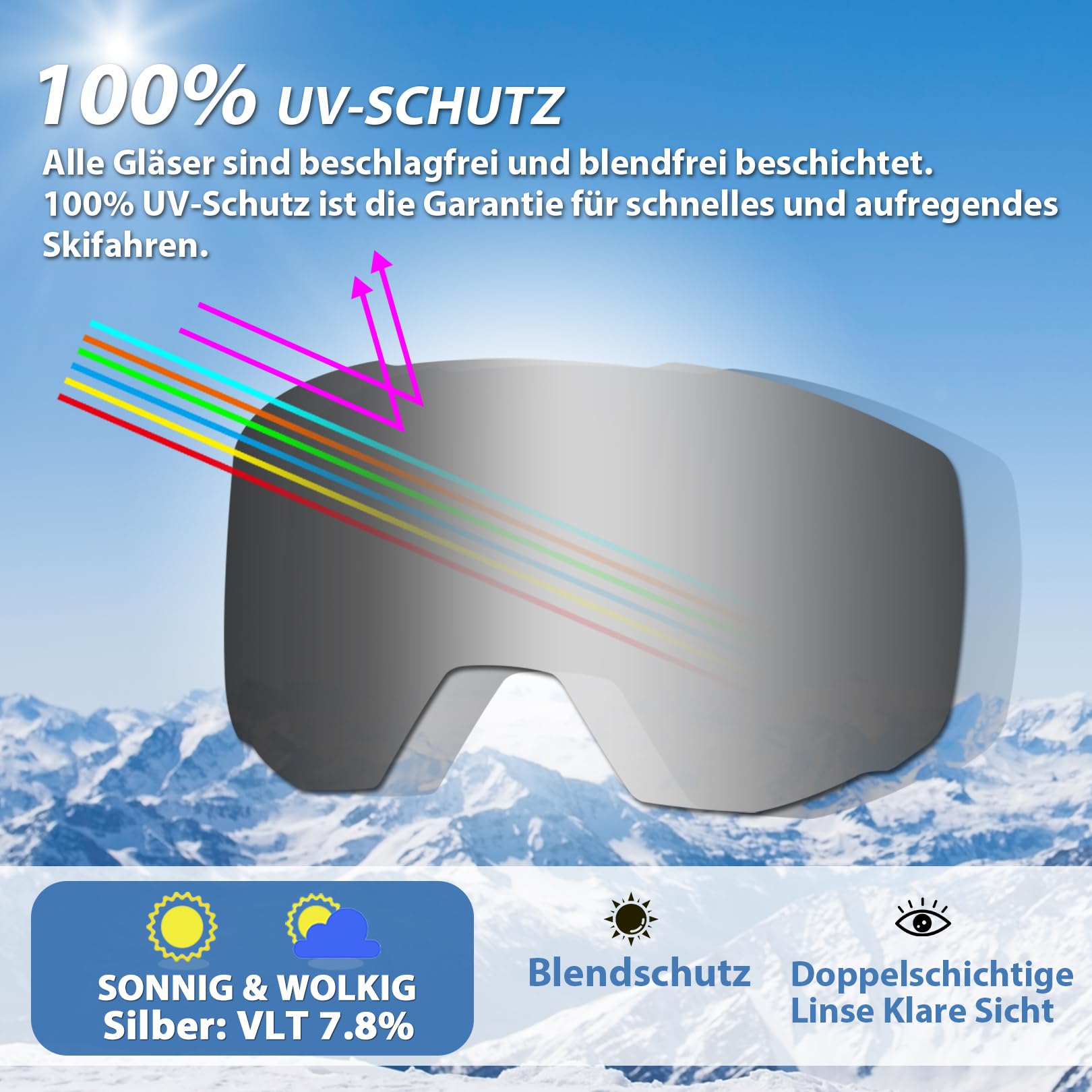 EXP VISION Ski/Snowboard Goggles for Men Women, OTG Snow Goggles Anti Fog UV Protection