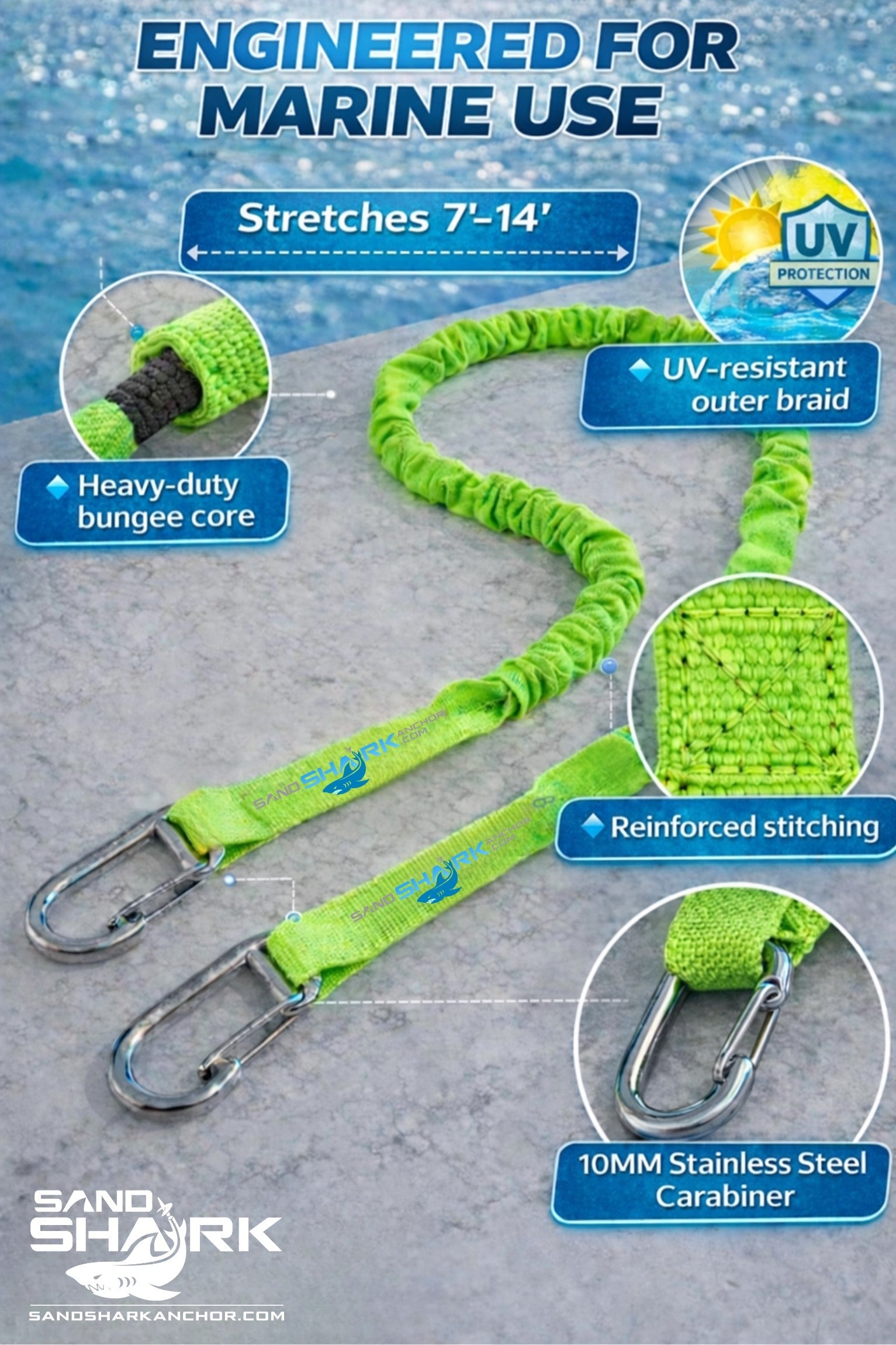 SandShark Premium Flat Bungee Line. Stretches 7-14'. Anchor and Dock Line for Boats, Jet Skis, and Pontoons.