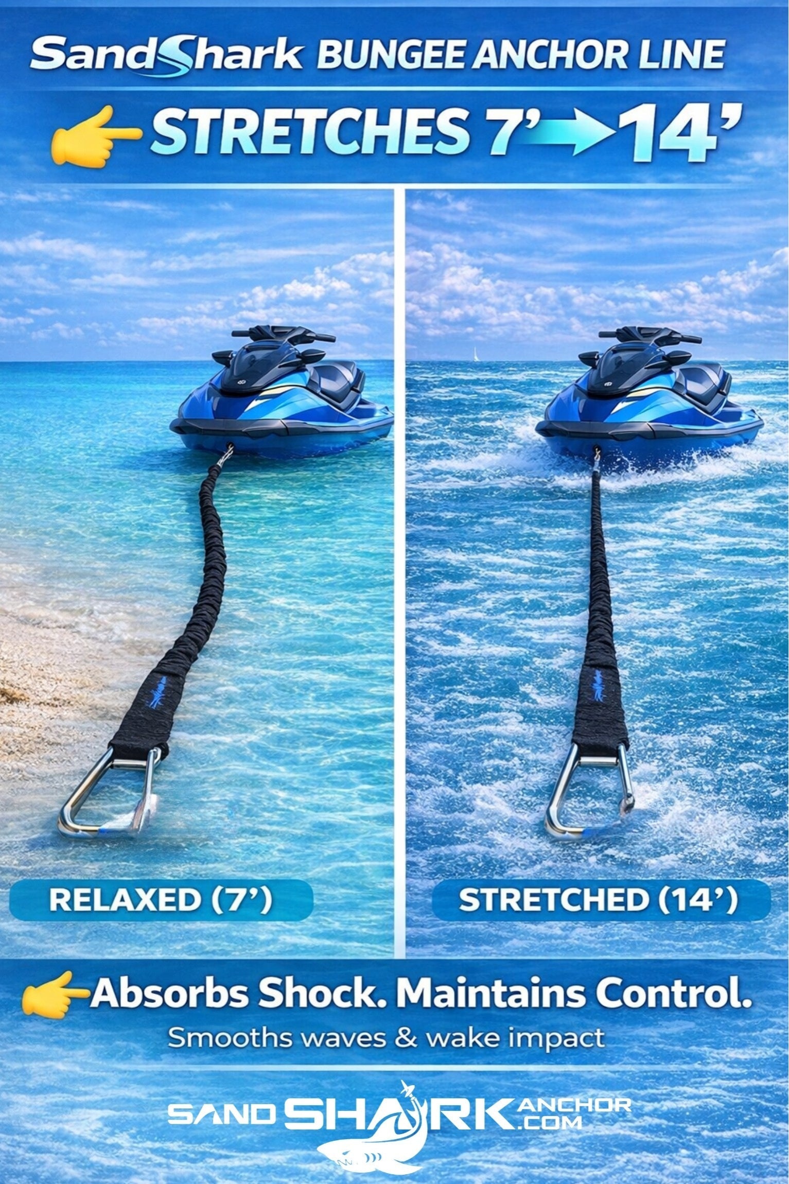 SandShark Premium Flat Bungee Line. Stretches 7-14'. Anchor and Dock Line for Boats, Jet Skis, and Pontoons.