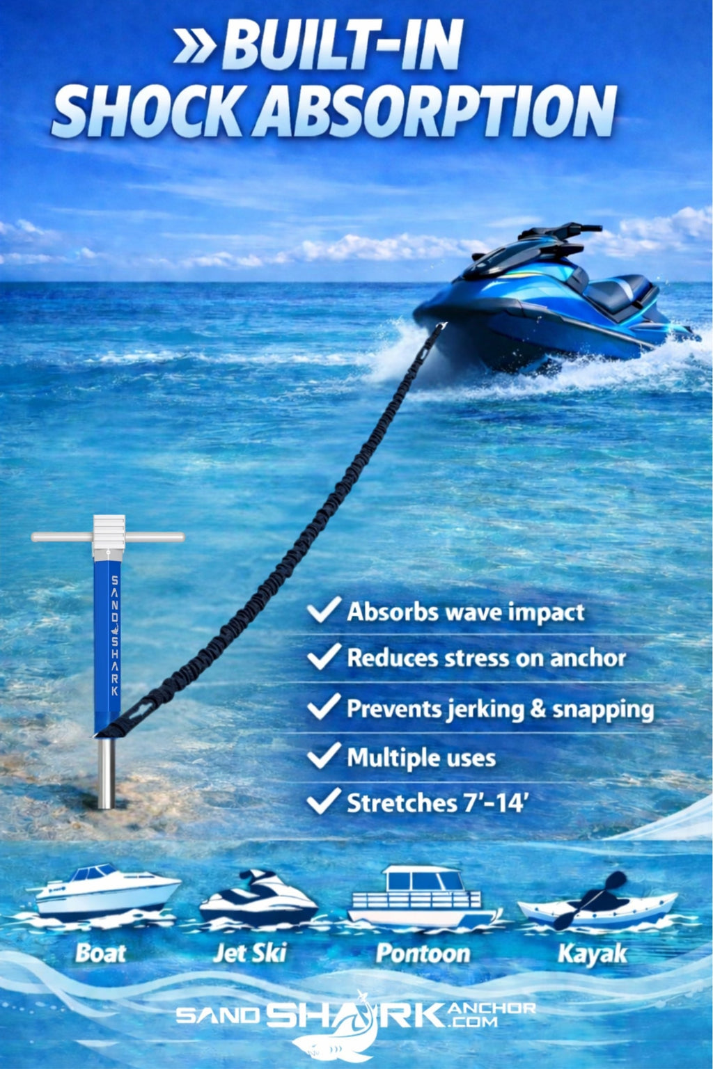 SandShark Premium Flat Bungee Line. Stretches 7-14'. Anchor and Dock Line for Boats, Jet Skis, and Pontoons.