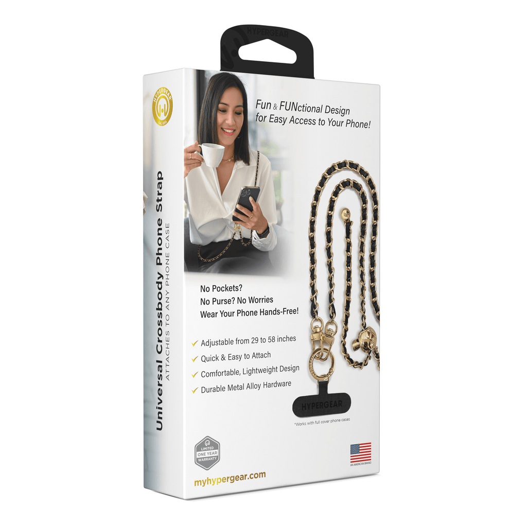 HyperGear TECHcessories Gold Chain with Black Vegan Leather Universal Crossbody Phone Strap