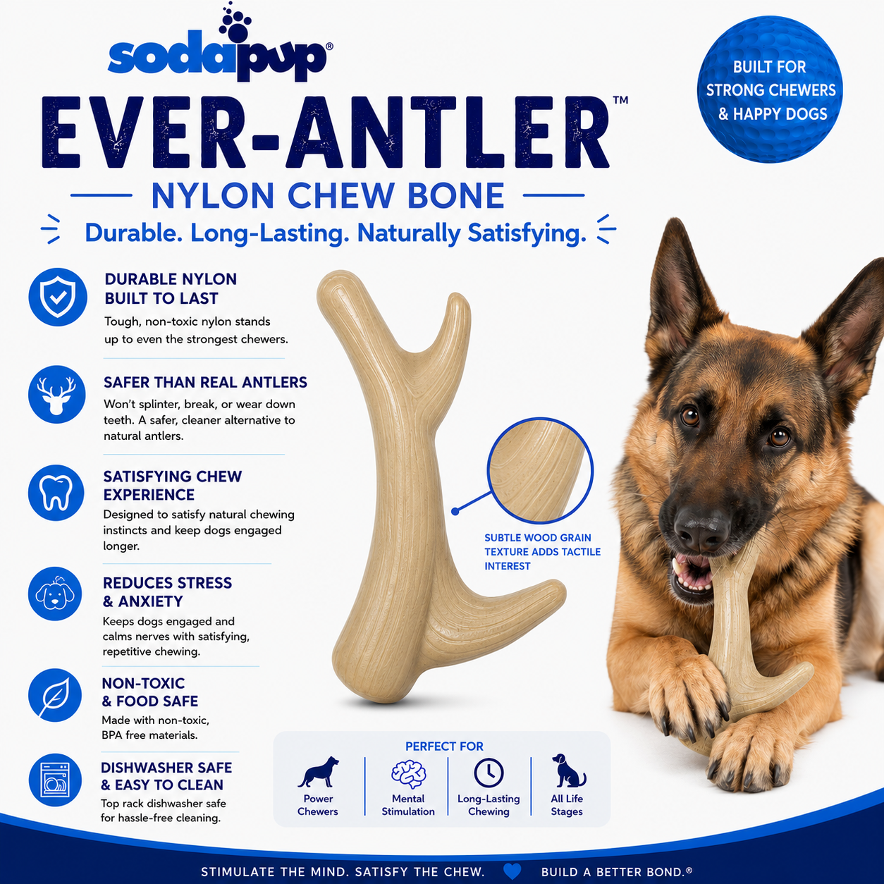 Ever Antler Nylon Chew Bone | Elk Antler Shaped Dog Toy for Aggressive Chewers | SodaPup