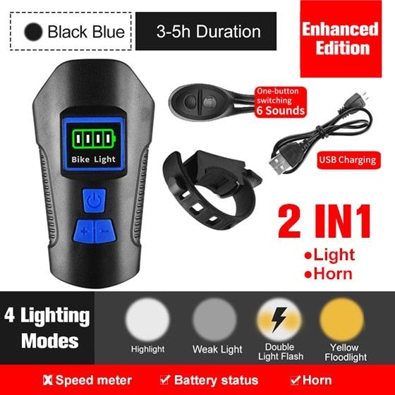 Smart Waterproof Bicycle Light USB Rechargeable Bike Front Light Flashlight With Bike Computer LCD Speedometer Waterproof Bicycles Light And Odometer Horn For Safe Cycling 4 Modes Fits For All Mountain Road Bikes